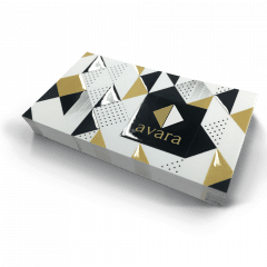 a business card with foil. the colors are black, whie, silver, and gold.