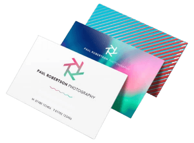 Three very colorful business cards for a photographer show the front and back options