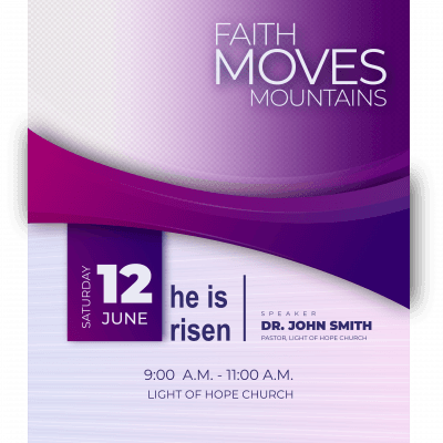 a purple colored flyer showing when their faith moves mountains seminar is